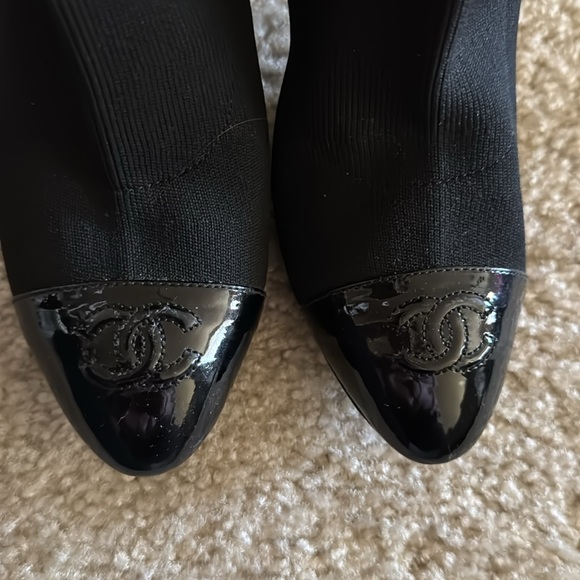 Chanel Black Knit Fabric and Patent Leather CC Cap Toe Ankle Booties - Picture 2 of 8